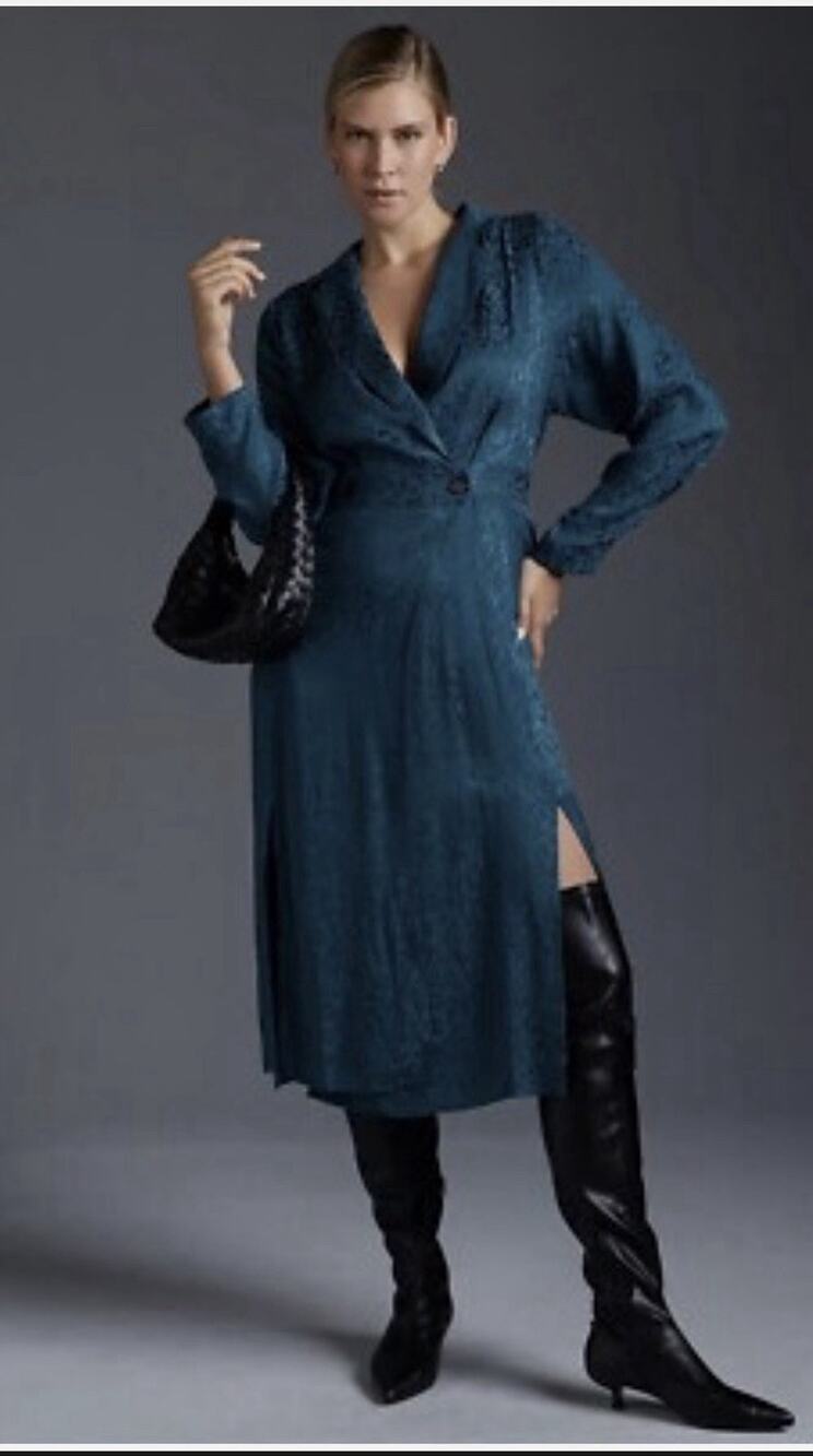 Anthropologie Blue/Black Jacquard Animal Print Collared Button Midi Dress 12